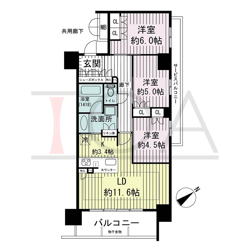 ブランズ神戸元町通の間取り図 全12邸　北東向き角部屋
2LDK　専有面積70.66m2
バルコニー面積9.56m2
サービスバルコニー面積5.67m2