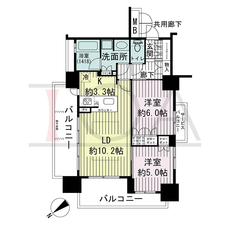 ブランズ神戸元町通の間取り図 全12邸　北西向き角部屋
2LDK　専有面積56.43m2
バルコニー面積17.40m2
サービスバルコニー面積1.61m2