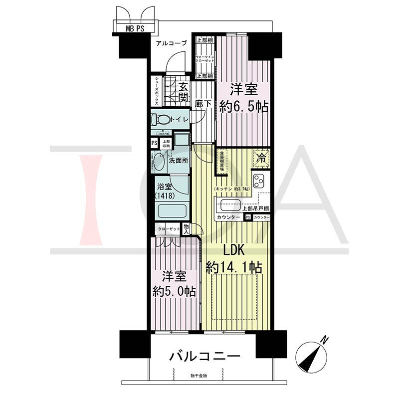 ワコーレ神戸三宮トラッドタワーの間取り図 C2タイプ
全17邸 南東向き住戸
2LDK 専有面積57.37m2
バルコニー面積9.75m2