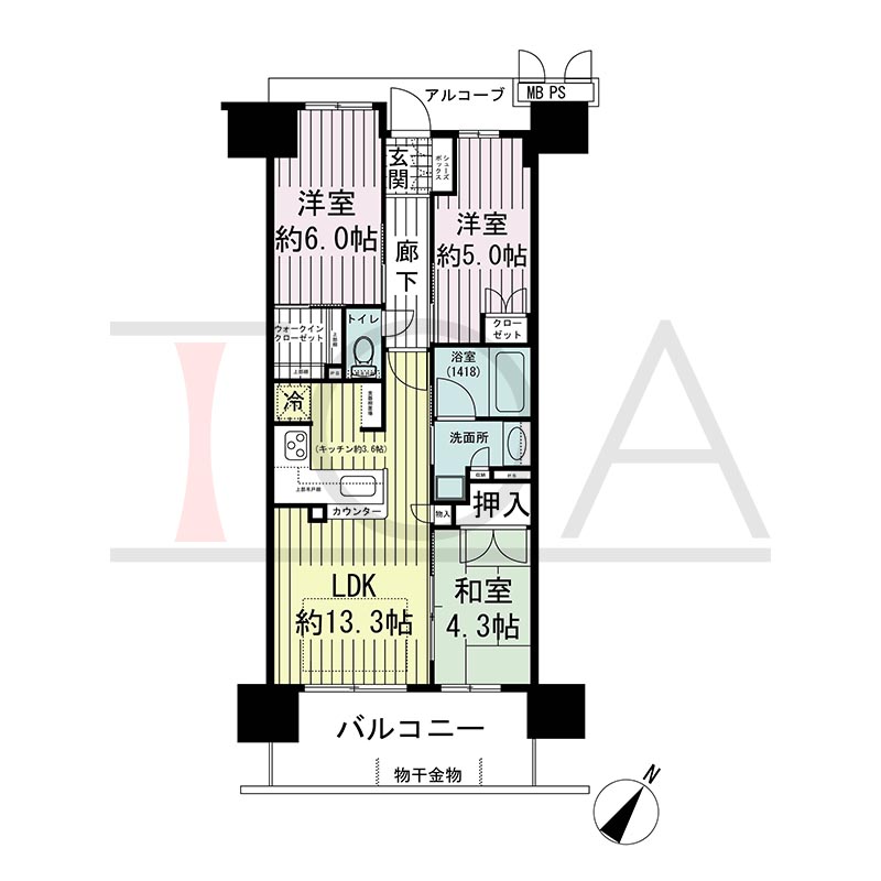 ワコーレ神戸三宮トラッドタワーの間取り図 D2タイプ
全17邸 南向き住戸
3LDK 専有面積63.54m2
バルコニー面積10.53m2