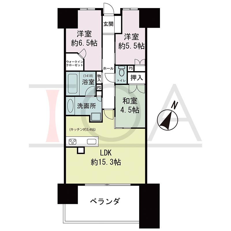 ワコーレ神戸三宮トラッドタワーの間取り図 Eタイプ
全18邸 南向き角住戸
3LDK 専有面積63.54m2
バルコニー面積10.53m2