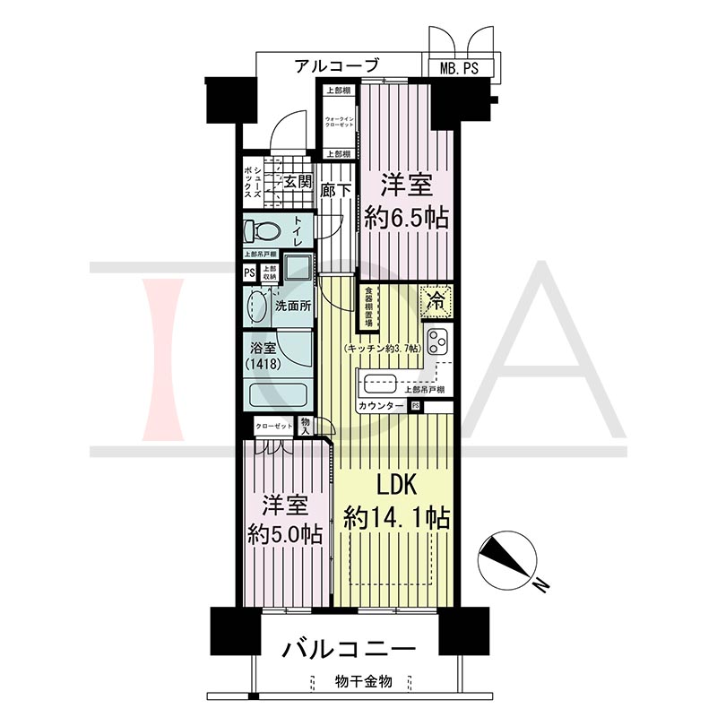 ワコーレ神戸三宮トラッドタワーの間取り図 Gタイプ
全18邸 北東向き住戸
1SLDK 専有面積57.37m2
バルコニー面積9.06m2