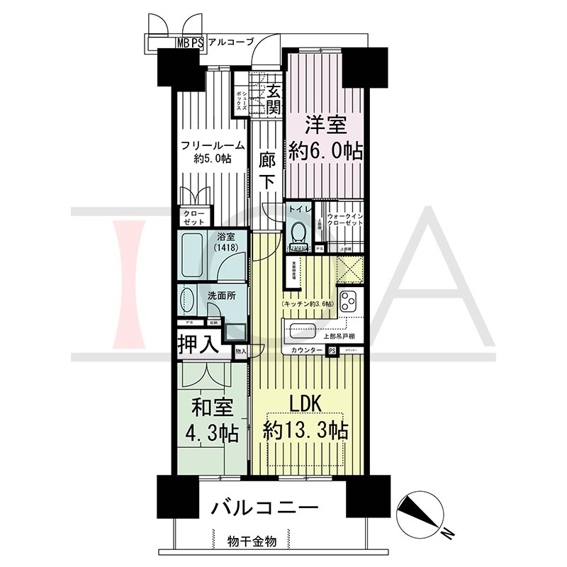 ワコーレ神戸三宮トラッドタワーの間取り図 Hタイプ
全18邸 北東向き住戸
2SLDK 専有面積63.54m2
バルコニー面積10.53m2