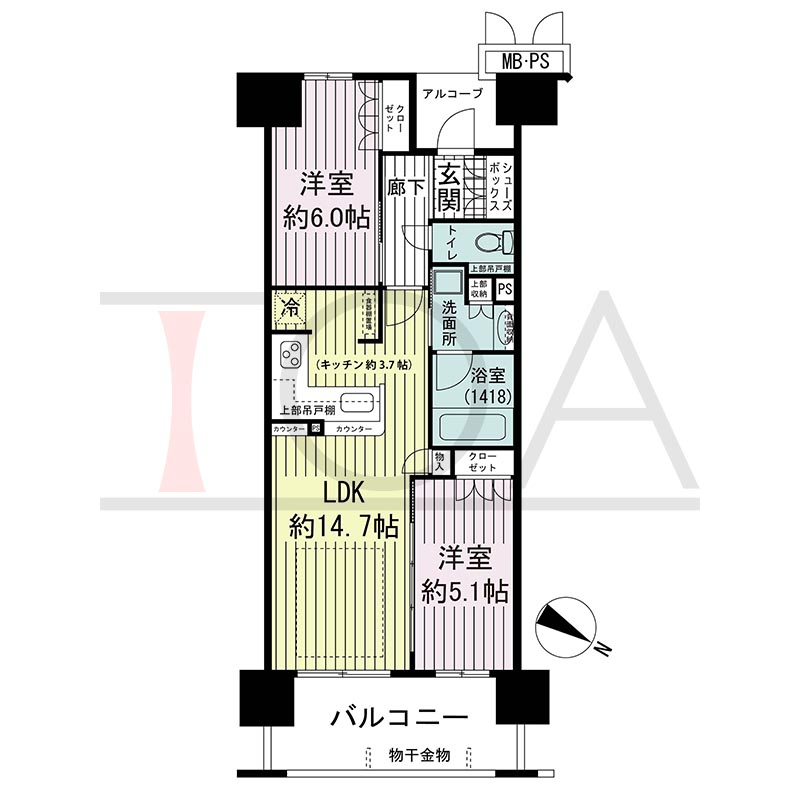 ワコーレ神戸三宮トラッドタワーの間取り図 Iタイプ
全18邸 北東向き住戸
2LDK 専有面積57.25m2
バルコニー面積10.53m2