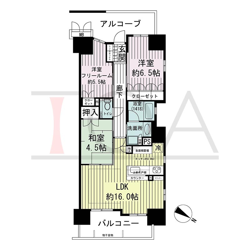 ワコーレ神戸三宮トラッドタワーの間取り図 J1タイプ
全18邸 北東向き角住戸
2SLDK 専有面積72.04m2
バルコニー面積8.99m2