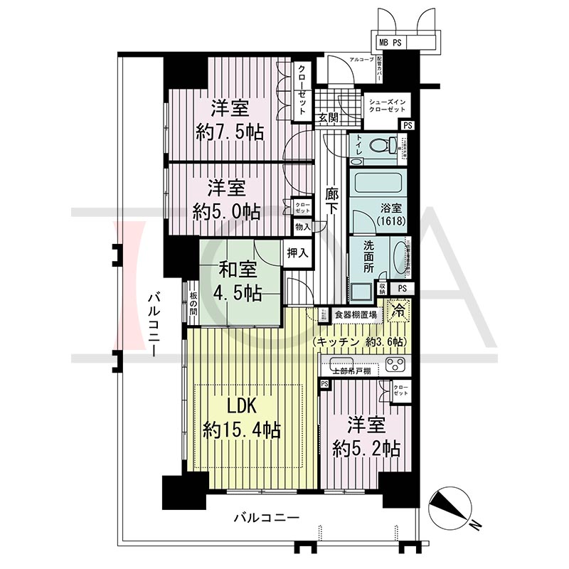 ワコーレ神戸三宮トラッドタワーの間取り図 Kタイプ
全17邸 北東向き角住戸
4LDK 専有面積84.64m2
バルコニー面積30.25m2