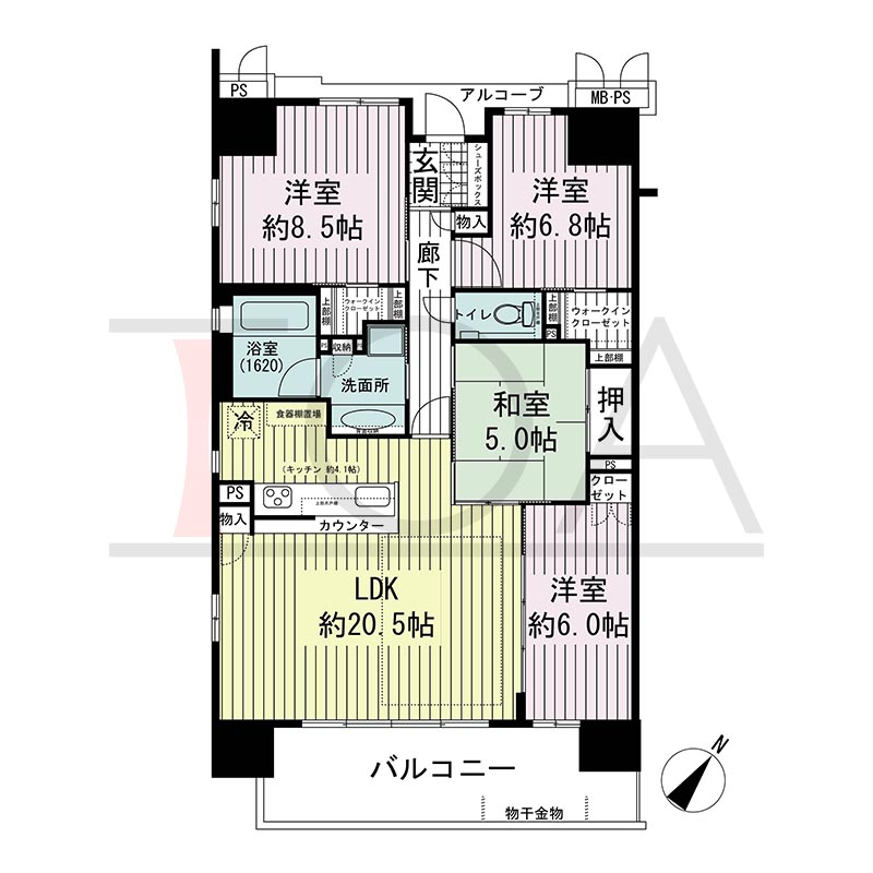 ワコーレ神戸三宮トラッドタワーの間取り図 Lタイプ
全8邸 南向き角住戸
4LDK 専有面積100.07m2
バルコニー面積14.37m2