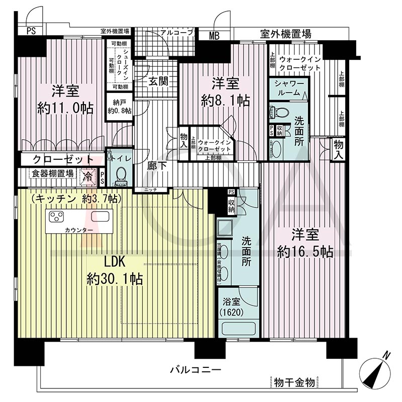 ワコーレ神戸三宮トラッドタワーの間取り図 Mタイプ
1邸 南向き角住戸
3SLDK 専有面積160.16m2
バルコニー面積24.12m2
