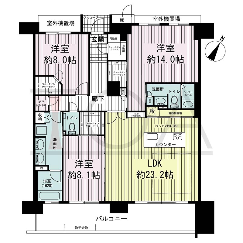 ワコーレ神戸三宮トラッドタワーの間取り図 Nタイプ
1邸 南向き角住戸
3SLDK 専有面積132.76m2
バルコニー面積22.23m2