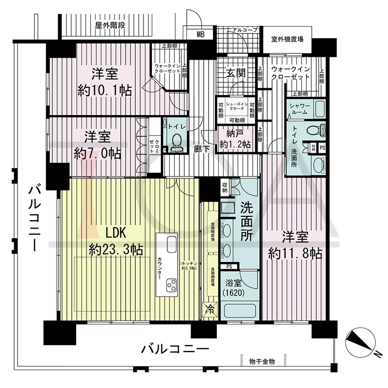 ワコーレ神戸三宮トラッドタワーの間取り図 Oタイプ
1邸 東向き角住戸
3SLDK 専有面積140.24m2
バルコニー面積43.30m2
