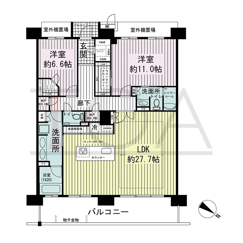 ワコーレ神戸三宮トラッドタワーの間取り図 Pタイプ
1邸 北東向き住戸
2LDK+2N 専有面積116.33m2
バルコニー面積19.59m2