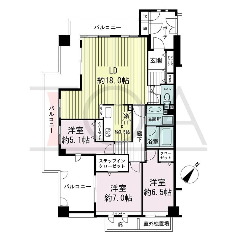神戸海岸通ハーバーフラッツ１番館の間取り図 西向き角　3LDK　専有面積90.89m2
バルコニー面積31.29m2
ポーチ面積4.99m2