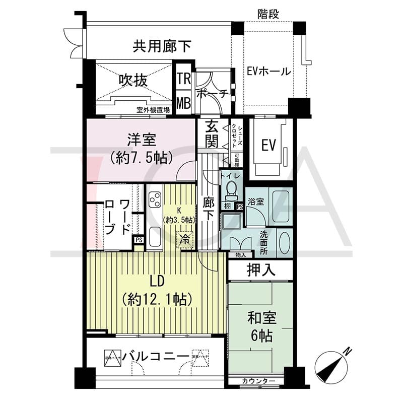 神戸海岸通ハーバーフラッツ１番館の間取り図 南向き　2LDK　専有面積75.10m2
バルコニー面積9.83m2
ポーチ面積3.05m2