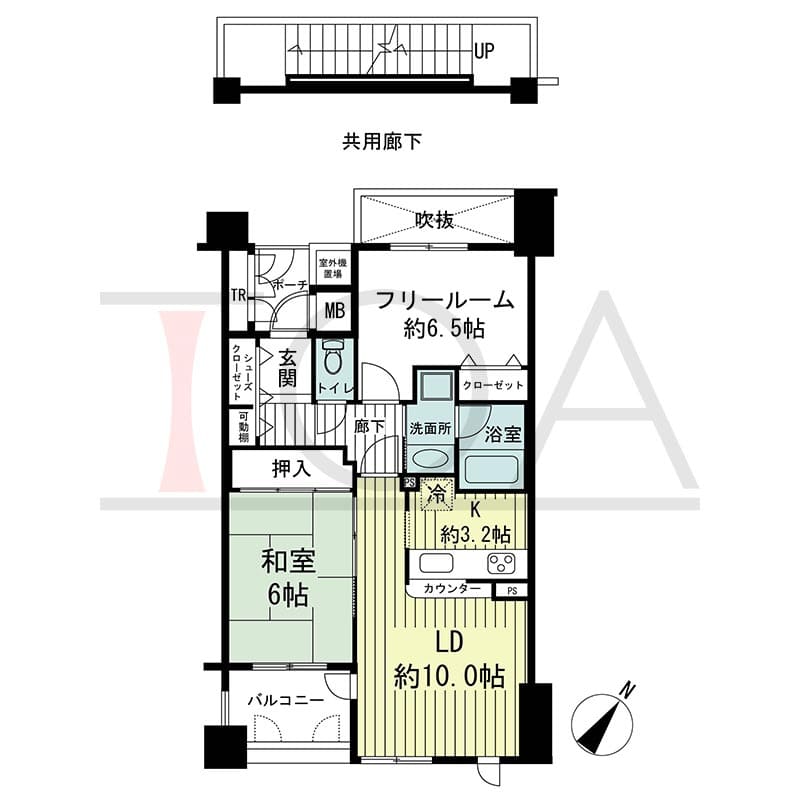 神戸海岸通ハーバーフラッツ１番館の間取り図 南向き　2LDK　専有面積59.94m2
バルコニー面積4.56m2
ポーチ面積2.40m2