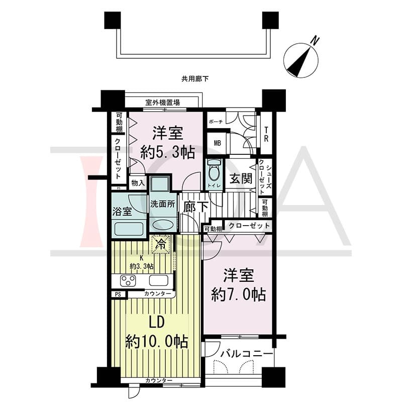 神戸海岸通ハーバーフラッツ１番館の間取り図 南向き　2LDK　専有面積59.94m2
バルコニー面積4.56m2
ポーチ面積3.17m2