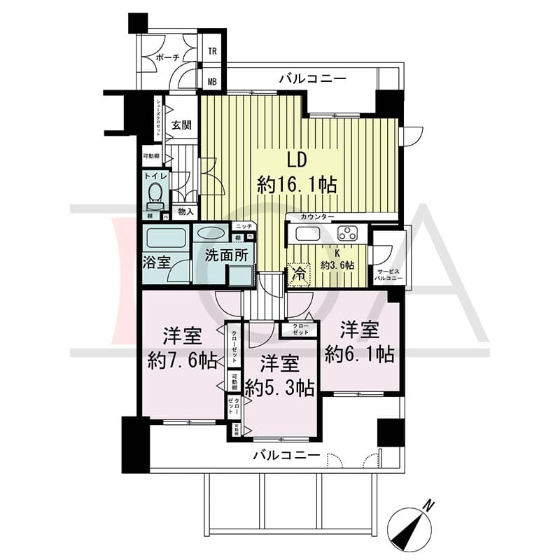 神戸海岸通ハーバーフラッツ１番館の間取り図 南向き　3LDK　専有面積84.44m2
バルコニー面積19.29m2
ポーチ面積4.24m2