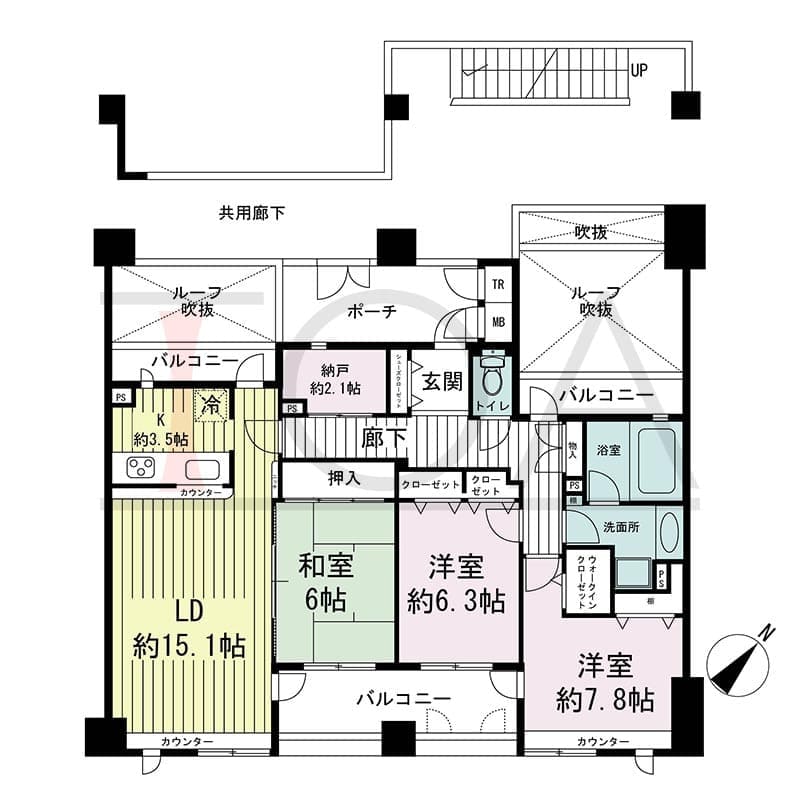 神戸海岸通ハーバーフラッツ１番館の間取り図 南向き　3SLDK　専有面積96.51m2
バルコニー面積15.77m2
ポーチ面積8.32m2
