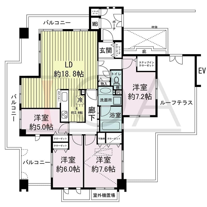 神戸海岸通ハーバーフラッツ１番館の間取り図 西向き角　4SLDK　専有面積104.61m2
バルコニー面積31.29m2
ポーチ面積4.99m2