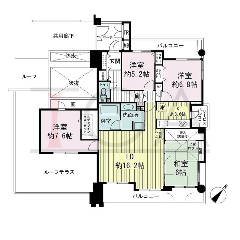 神戸海岸通ハーバーフラッツ１番館の間取り図 西向き角　4SLDK　専有面積102.51m2
バルコニー面積18.76m2
ポーチ面積4.24m2