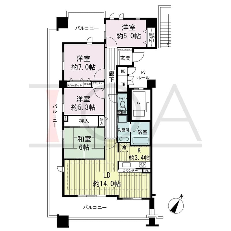 神戸海岸通ハーバーフラッツ2番館の間取り図 南向き角 4LDK 専有面積91.76m2
バルコニー面積40.43m2