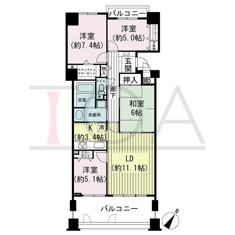 神戸海岸通ハーバーフラッツ2番館の間取り図 南東向き 4LDK 専有面積85.69m2
バルコニー面積14.98m2