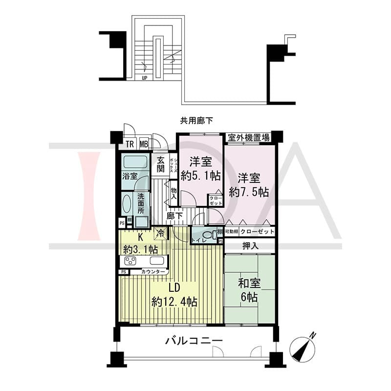 神戸海岸通ハーバーフラッツ2番館の間取り図 南東向き 3LDK 専有面積75.15m2
バルコニー面積 13.36m2