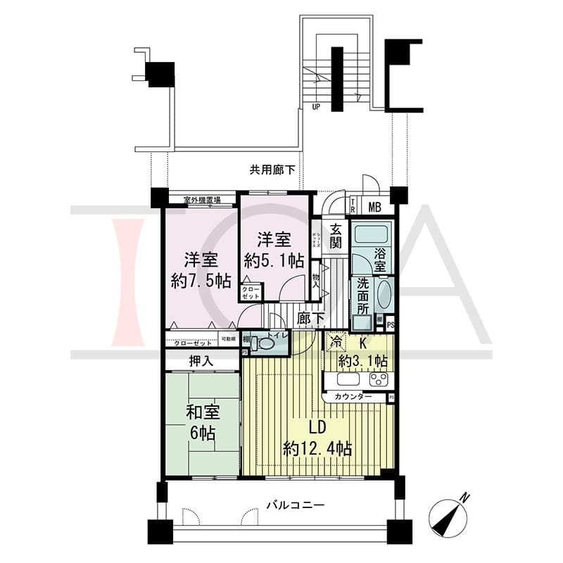 神戸海岸通ハーバーフラッツ2番館の間取り図 南東向き 3LDK 専有面積75.15m2
バルコニー面積13.36m2