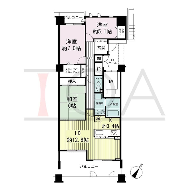 神戸海岸通ハーバーフラッツ2番館の間取り図 南東向き 3LDK 専有面積81.02m2
バルコニー面積16.69m2