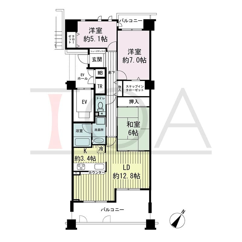 神戸海岸通ハーバーフラッツ2番館の間取り図 南東向き 3LDK 専有面積81.02m2
バルコニー面積16.69m2
