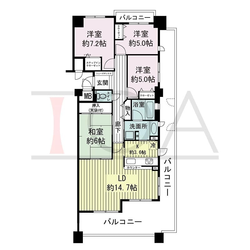 神戸海岸通ハーバーフラッツ2番館の間取り図 南東向き角 4LDK 専有面積93.29m2
バルコニー面積 36.30m2