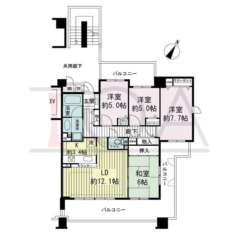 神戸海岸通ハーバーフラッツ2番館の間取り図 東南向き角 4LDK 専有面積89.46m2
バルコニー面積30.22m2