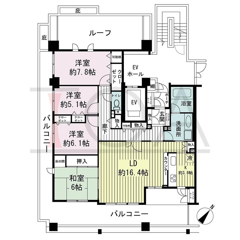 神戸海岸通ハーバーフラッツ2番館の間取り図 南西向き角 4LDK 専有面積107.15m2
バルコニー面積 39.36m2
ポーチ面積 1.59m2