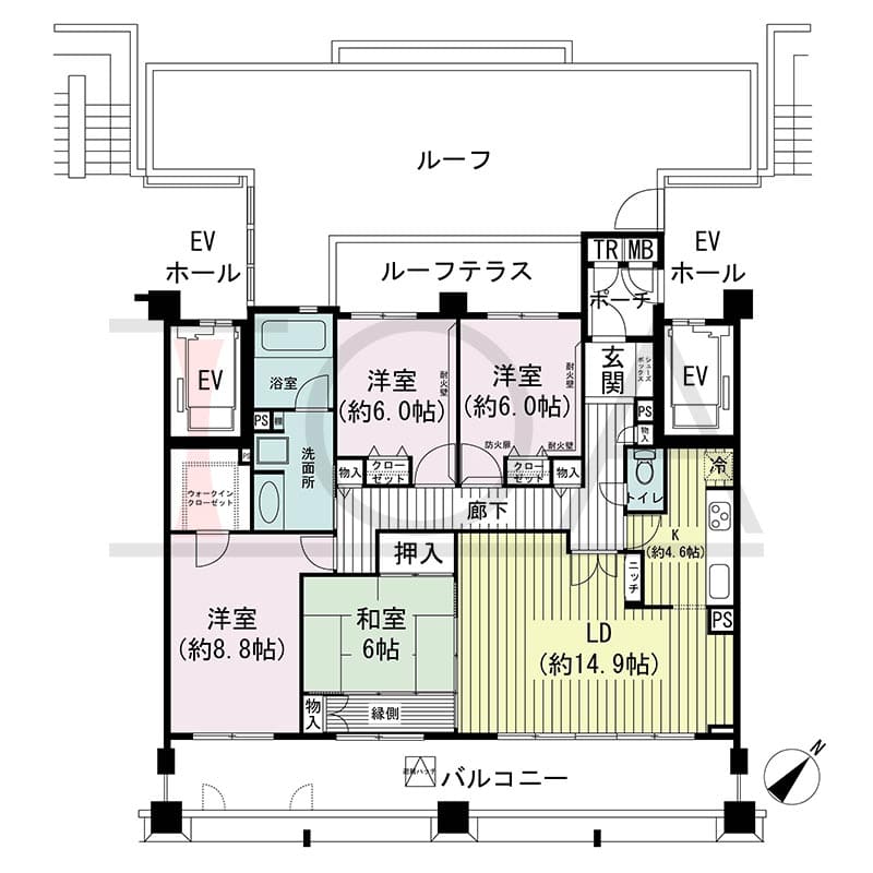 神戸海岸通ハーバーフラッツ2番館の間取り図 南東向き 4SLDK 専有面積110.41m2
バルコニー面積 22.10m2
ポーチ面積 2.66m2