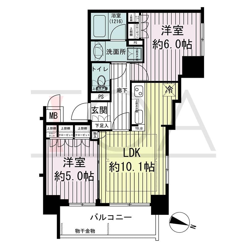 ザ・レジデンス元町海岸通の間取り図 Aタイプ
7邸　東向き角住戸
2LDK　専有面積48.43m2
バルコニー面積7.03m2