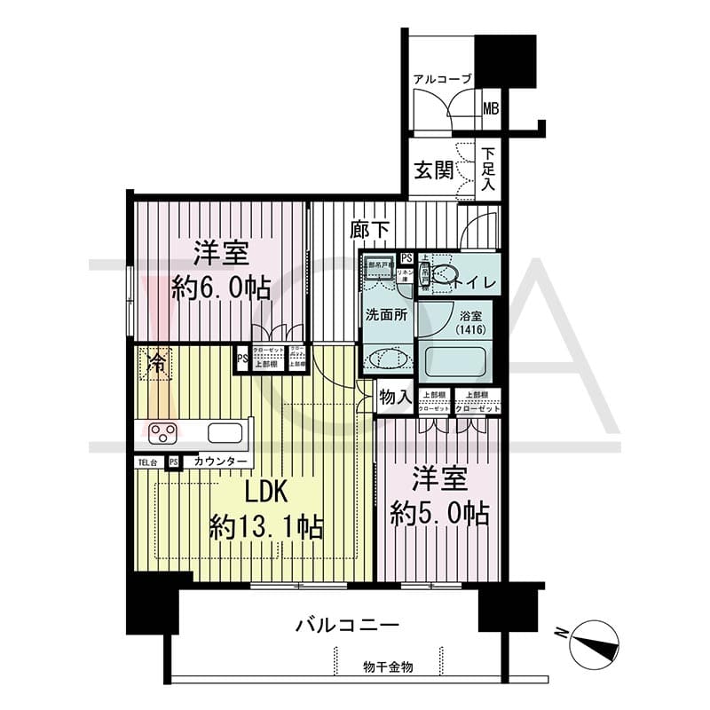 ザ・レジデンス元町海岸通の間取り図 Bタイプ
7邸　西向き住戸
2LDK　専有面積56.75m2
バルコニー面積12.11m2
アルコーブ面積2.82m2