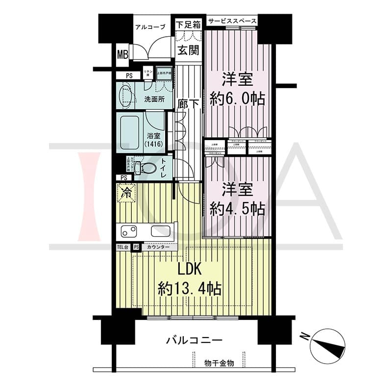 ザ・レジデンス元町海岸通の間取り図 Cタイプ
14邸　西向き住戸
2LDK　専有面積54.84m2
バルコニー面積10.36m2
アルコーブ面積2.64m2