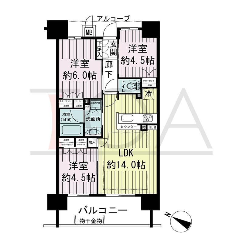 ザ・レジデンス元町海岸通の間取り図 Eタイプ
14邸　西向き住戸
3LDK　専有面積60.66m2
バルコニー面積10.63m2
アルコーブ面積4.03m2