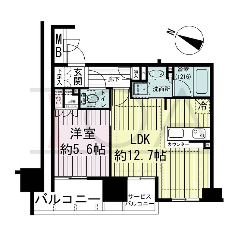 ザ・レジデンス元町海岸通の間取り図 Fタイプ
8邸　西向き角住戸
1LDK　専有面積42.00m2
バルコニー面積4.23m2
