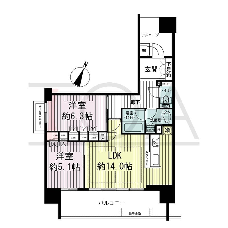 ザ・レジデンス元町海岸通の間取り図 Gタイプ
7邸　南向き住戸
2LDK　専有面積60.05m2
バルコニー面積13.47m2
アルコーブ面積5.84m2