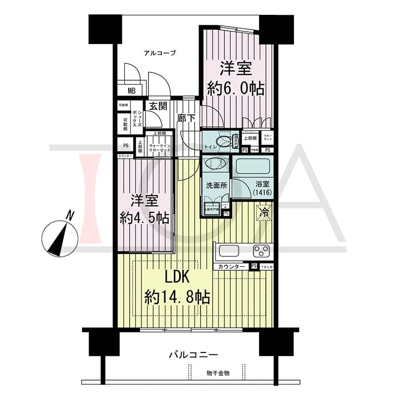 ザ・レジデンス元町海岸通の間取り図 Hタイプ
4邸　南向き住戸
2LDK　専有面積55.76m2
バルコニー面積11.49m2
アルコーブ面積9.75m2