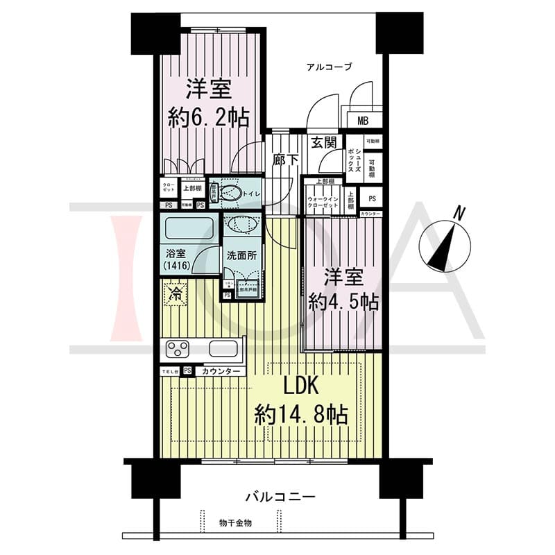 ザ・レジデンス元町海岸通の間取り図 Iタイプ
4邸　南向き住戸
2LDK　専有面積56.02m2
バルコニー面積11.49m2
アルコーブ面積9.49m2