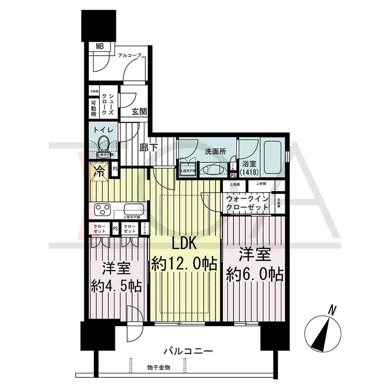 ザ・レジデンス元町海岸通の間取り図 Jタイプ
7邸　南向き住戸
2SLDK　専有面積55.33m2
バルコニー面積12.06m2
アルコーブ面積2.85m2