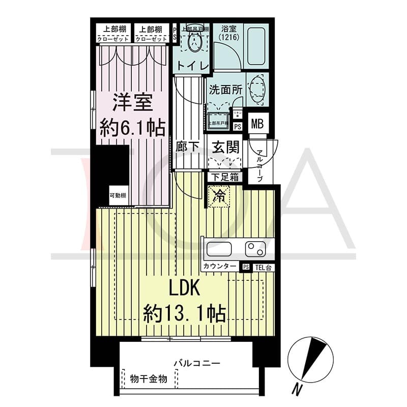 ザ・レジデンス元町海岸通の間取り図 Kタイプ
7邸　南向き住戸
1LDK　専有面積43.49m2
バルコニー面積6.07m2
アルコーブ面積1.08m2