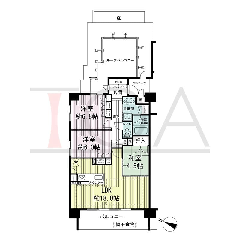 ザ・レジデンス元町海岸通の間取り図 Lrタイプ
1邸　西向き住戸
3LDK　専有面積78.02m2
バルコニー面積12.11m2
ルーフバルコニー面積14.85m2
アルコーブ面積3.12m2