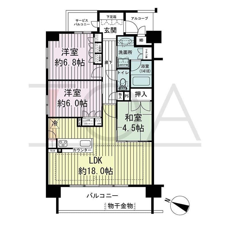 ザ・レジデンス元町海岸通の間取り図 Lタイプ
5邸　西向き住戸
3LDK　専有面積78.02m2
バルコニー面積12.11m2
アルコーブ面積3.12m2