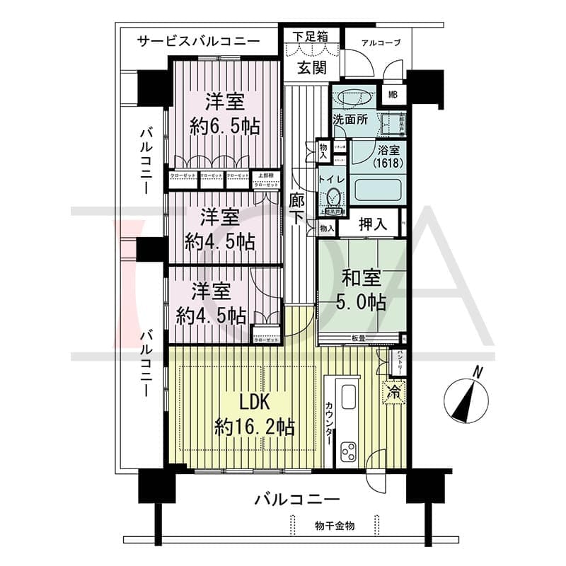 ザ・レジデンス元町海岸通の間取り図 Mタイプ
5邸　　南向き住戸
4LDK　専有面積83.52m2
バルコニー面積26.15m2
アルコーブ面積3.21m2