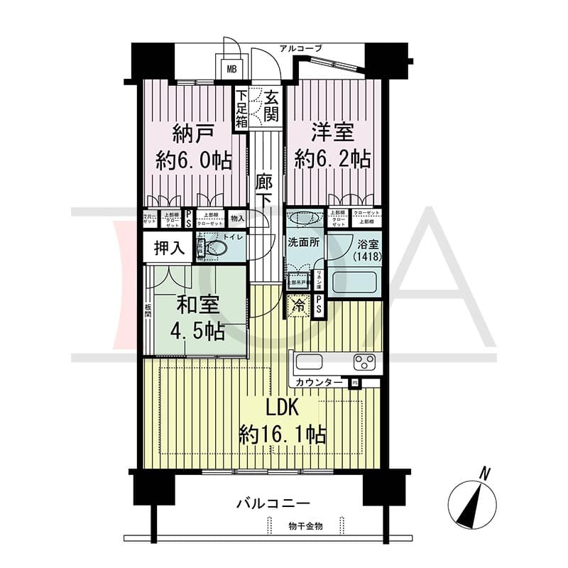 ザ・レジデンス元町海岸通の間取り図 Nタイプ
6邸　南向き住戸
2SLDK　専有面積70.49m2
バルコニー面積11.49m2
アルコーブ面積4.25m2