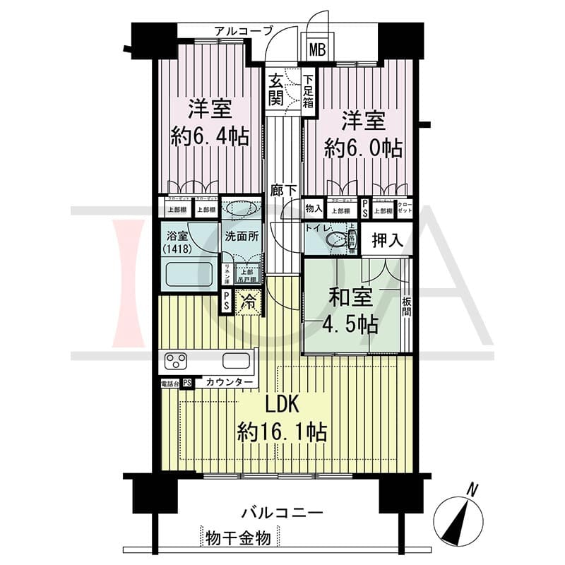 ザ・レジデンス元町海岸通の間取り図 Oタイプ
6邸　南向き住戸
3LDK　専有面積70.77m2
バルコニー面積11.49m2
アルコーブ面積3.97m2