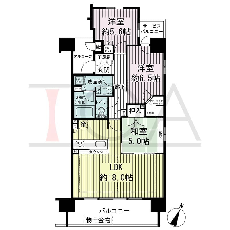 ザ・レジデンス元町海岸通の間取り図 Pタイプ
6邸　南向き住戸
3LDK　専有面積76.92m2
バルコニー面積12.06m2
アルコーブ面積3.87m2