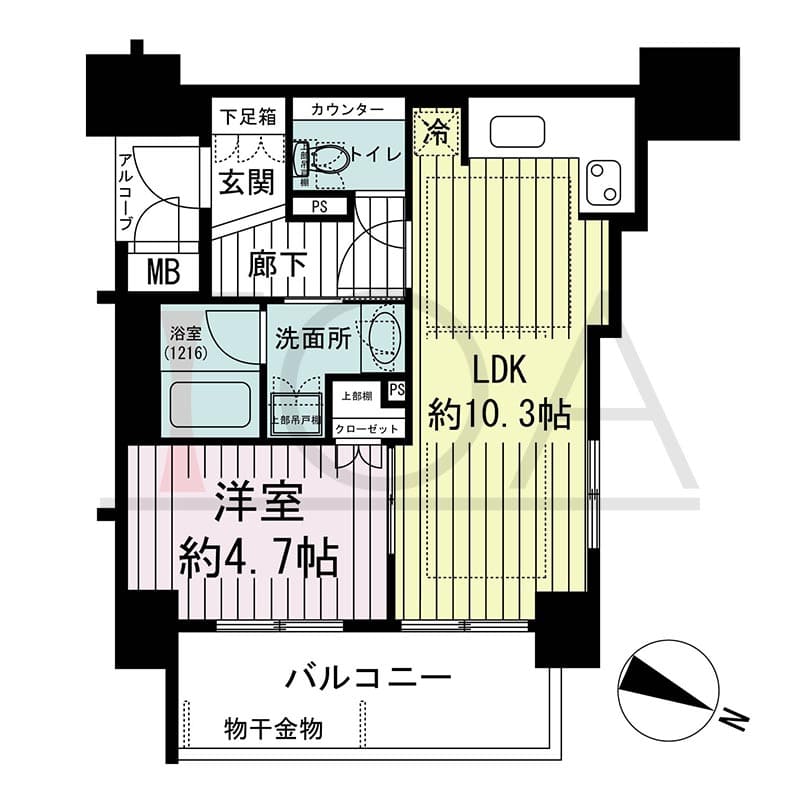 ザ・レジデンス元町海岸通の間取り図 Qタイプ
1邸　東向き住戸
1LDK　専有面積37.10m2
バルコニー面積7.03m2
アルコーブ面積1.88m2